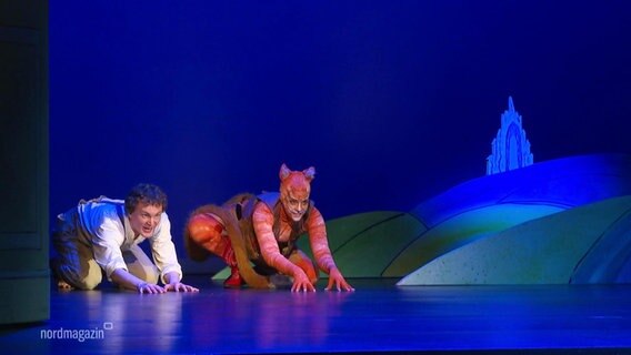 In einer Szene eines Theaterstücks liegen eine als Katze verkleidete Schauspielerin und ein Schauspieler in weißem Hemd am Bühnenrand auf der Lauer. © Screenshot 