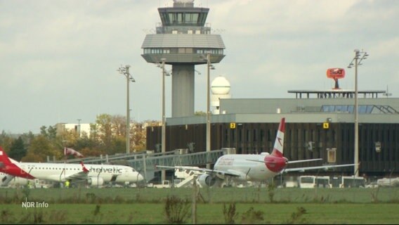 Flugzeuge auf dem Rollfeld des Hamburger Flughafens, im Hintergrund der Tower. © Screenshot 