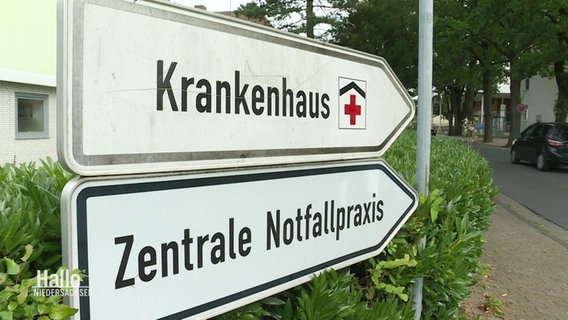 Zwei Schilder weisen die Richtung eines Krankenhauses und einer zentralen Notfallpraxis aus. © Screenshot 