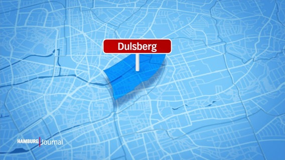 Auf einer blauen Karte von Hamburg ist der Stadtteil Dulsberg farblich hervorgehoben und mit einem Schild markiert. © Screenshot 