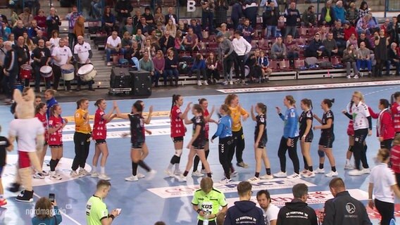 Die Spielerinnen des Rostocker HC und von Fortuna Neubrandenburg klatschen sich ab. © Screenshot 