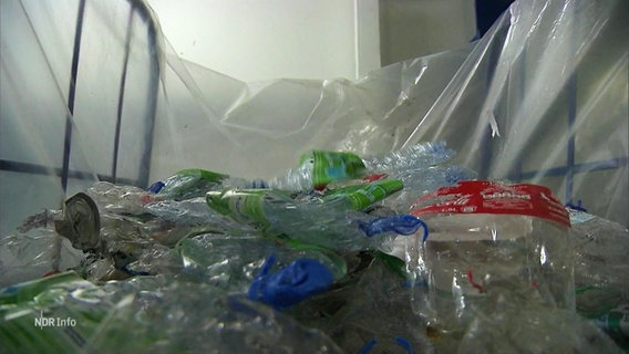 Plastikflaschen liegen in einem Auffangbehälter. © Screenshot 