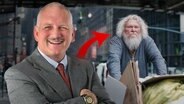 Ein reicher, erfolgreicher Mann neben einem Obdachlosen. DER Ratgeber für Obdachlose (extra 3 vom 15.11.2023 im NDR Fernsehen) © NDR 
