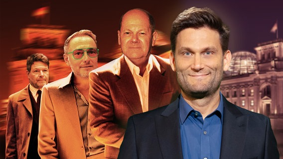 Die Ampel-Koalition in Person von Robert Habeck, Christian Lindner und Kanzler Olaf Scholz in Ocean's Eleven Optik. Daneben Christian Ehring. (extra 3 vom 22.11.2023 im NDR Fernsehen) © NDR 