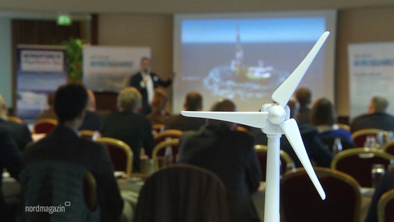 Ein kleines Modell-Windrad hinter der Konferenz. © Screenshot 