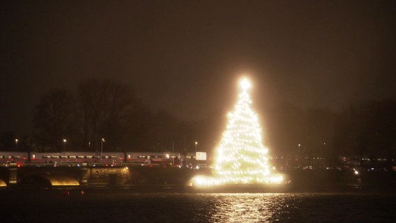 Weihnachtstanne auf der Alster leuchtet hell. © Screenshot 