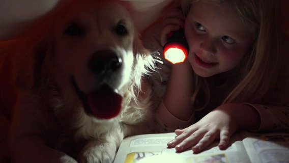 Ein Mädchen und ein Hund stecken unter einer Bettdecke; das Mädchen liest ein Buch mit einer Taschenlampe. © Screenshot 