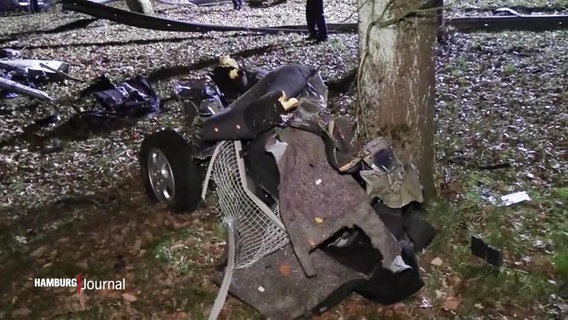 Trümmer eines Kleinwagens liegen in einem Waldstück verstreut zwischen Bäumen. © Screenshot 