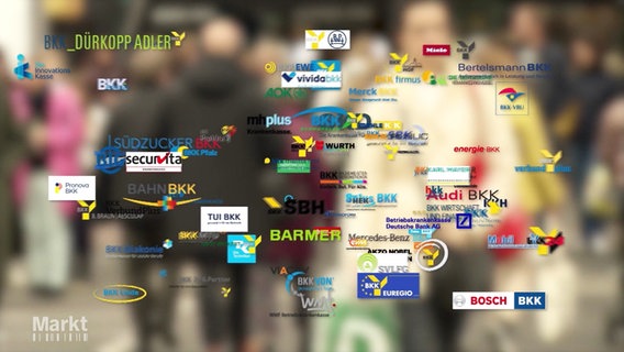 Die Logos mehrerer Versicherungen, die durch einen Raum schwirren. © Screenshot 