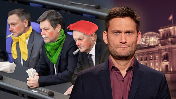 Die Ampel-Koalition in Person von Christian Lindner, Robert Habeck und Kanzler Olaf Scholz erkältet auf der Regierungsbank. Daneben Christian Ehring. (extra 3 vom 29.11.2023 im NDR Fernsehen) © NDR 