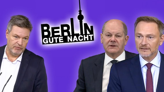 Robert Habeck, Christian Lindner und Olaf Scholz in der Ampel-Villa bei "Berlin - Gute Nacht". (extra 3 vom 29.11.2023 im NDR Fernsehen) © NDR 