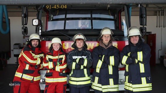 Fünf junge Menschen stehen in Arbeitskleidung vor einem Feuerwehrfahrzeug. Sie haben die Arme vor der Brust gekreuzt und sehen freundlich und entschlossen in die Kamera. © Screenshot 