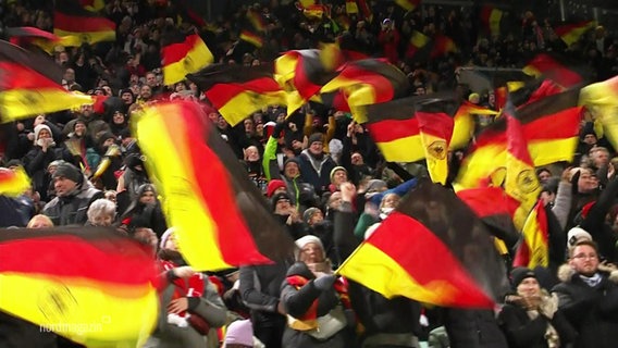 Viele Fans schwingen Deutschlandfahnen im Stadion. © Screenshot 