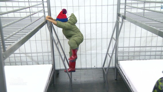 Ein kleines Kind im Schneeanzug und mit Pudelmütze klettert die Leiter eines Doppelstockbettes aus Metall in der Notunterkunft in den Messehallen Hannover empor. © Screenshot 