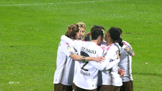 Spieler des FC St. Pauli liegen sich nach dem Spiel gegen Homburg in den Armen. © Screenshot 