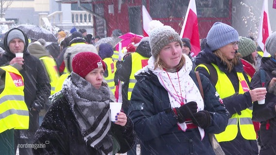 Mehrere Streikende stehen bei Schneewetter auf einer Kundgebung. © Screenshot 