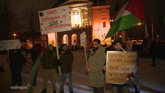 Menschen mit Schildern und einer Palästina-Flagge stehen zusammen. © Screenshot 
