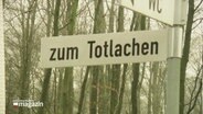 Ein Wegweiser in einem Wald weist in eine Richtung "zum Totlachen" aus. © Screenshot 