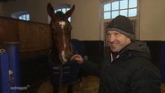 Springreiter Holger Wulschner steht in einem Stall neben einem Pferd und lächelt. © Screenshot 