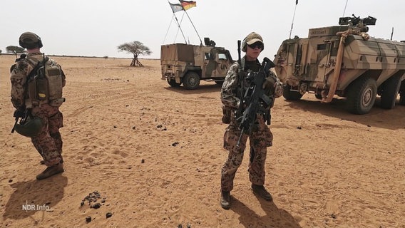 Zwei Soldaten stehen in einer kargen Landschaft. Sie tragen Tarnkleidung und sind ausgerüstet, u.a. mit einem Gewehr. Im Hintergrund stehen zwei Fahrzeuge der Bundeswehr. © Screenshot 