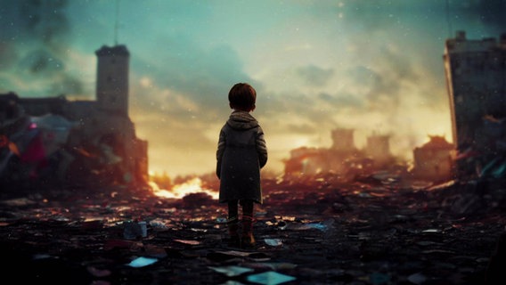 Ein kleines Kind ist von hinten zu sehen. Es steht in Ruinen. © Screenshot 