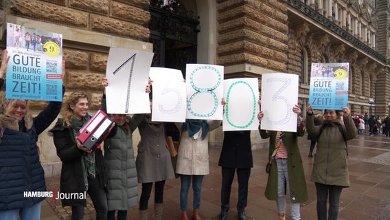 Mehrere Menschen stehen vor dem Rathaus und halten Schilder mit Zahlen in die Luft. © Screenshot 