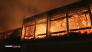 Blick bei Nacht auf mit Flammen bestückte Fensterrahmen eines Gebäudes. © Screenshot 