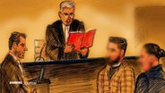 Skizze: Szene am Gericht während des Prozesses um zwei Brüder aus Syrien, die Verurteilten sind unkenntlich gemacht. © Screenshot 