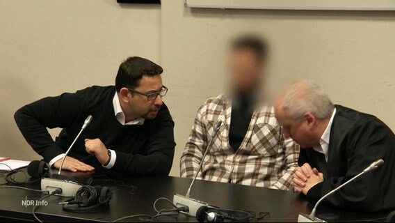 Zwei Strafverteidiger sitzen neben einer Person mit geblurrtem Gesicht. © Screenshot 