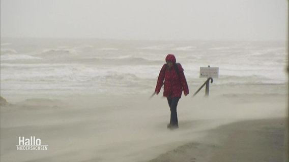 Eine Frau geht im Sturm am Nordseestrand spazieren. © Screenshot 