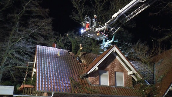 Ein umgestürzter baum hat das Dach eines Hauses zerstört. © Screenshot 