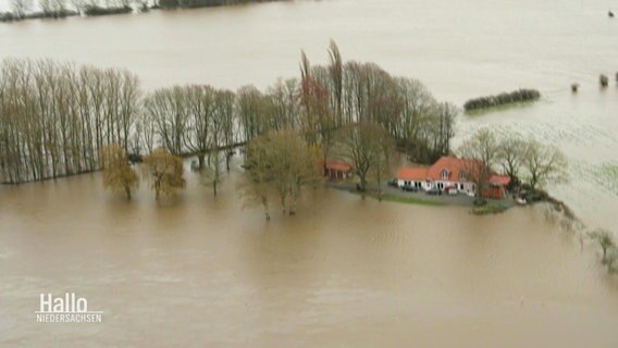 Hubschrauber-Aufnahmen zeigen das Ausmaß der überschwemmten Weser. Ein einzelnes Wohnhaus ist komplett vom Wasser umlagert. © Screenshot 
