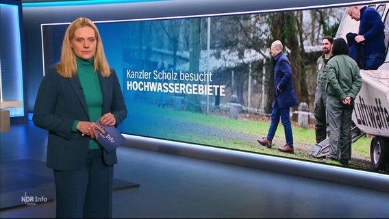 Juliane Möcklinghoff moderiert NDR Info extra "Kanzler Scholz besucht Hochwassergebiete" am 31.12.2023. © Screenshot 
