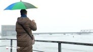 Von hinten zu sehen: Eine Person mit einem Regenschirm schaut auf die Elbe. © Screenshot 