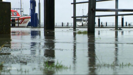 Eine Hafengegend ist überflutet. © Screenshot 