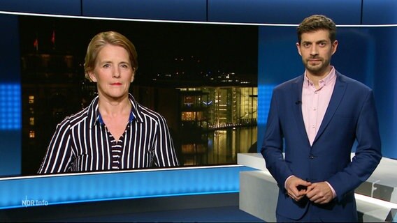 Moderator Daniel Anibal Bröckerhoff spricht mit der aus Berlin zugeschalteten Journalistin Kerstin Dausend. © Screenshot 