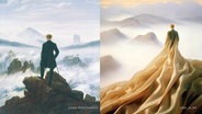 Caspar David Friedrichs "Der Wanderer über dem Nebelmeer" neben der KI-Neuinterpretation "Gewanderer". © Screenshot 