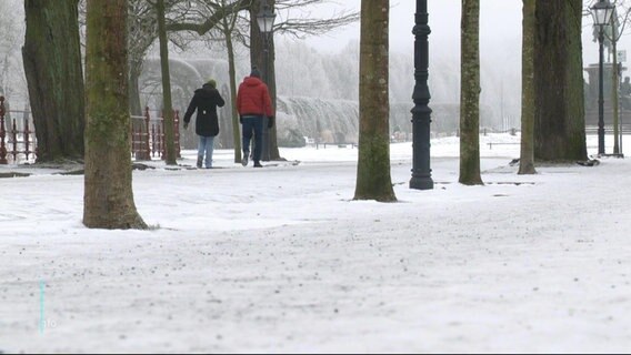 Zwei Leute laufen durch einen vereisten Park. © Screenshot 