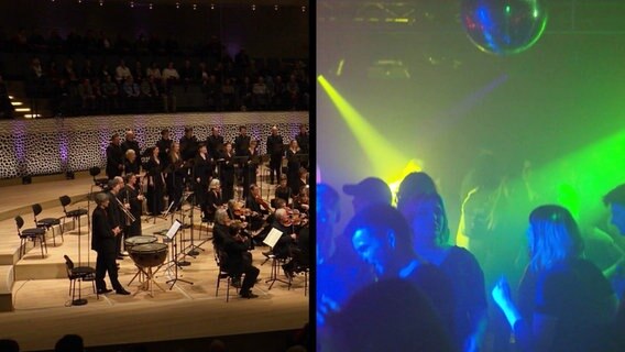 In der einen Bildhälfte ein Orchester in der Elbphilharmonie, in der anderen tanzen Menschen in einem Club © Screenshot 