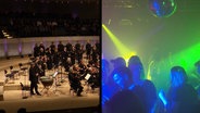 In der einen Bildhälfte ein Orchester in der Elbphilharmonie, in der anderen tanzen Menschen in einem Club © Screenshot 