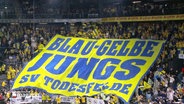 Fans mit einem Riesenbanner "Blau-gelbe Jungs - SV Todesfelde" © Screenshot 