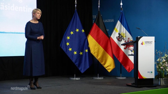 Manuela Schwesig auf einer Bühne vor vielen Flaggen. © Screenshot 