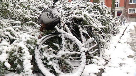 Ein eingeschneites Fahrrad steht an einer Straßenecke. © Screenshot 