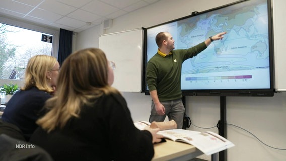 Ein Lehrer zeigt im Unterricht auf einen Bildschirm. © Screenshot 