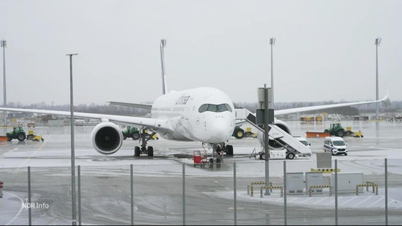 Ein Flugzeug steht auf einem schneebedeckten Rollfeld. © Screenshot 