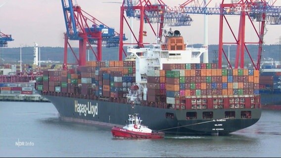 Ein Containerschiff der Hamburger Reederei Hapag-Lloyd läuft in den Hamburger Hafen ein. © Screenshot 
