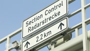 Ein Autobahnschild mit dem Hinweis auf Streckenradar: Section Control, Radarstrecke, auf einer Länge von 2,2 Kilometern. © Screenshot 