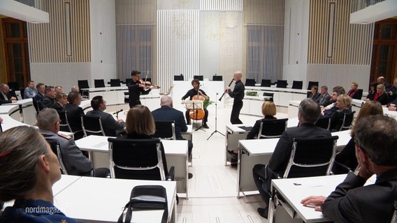 Im Landtag von Schwerin sitzen Politiker und lauschen im Rahmen einer Gedenkstunde drei Musikern. © Screenshot 