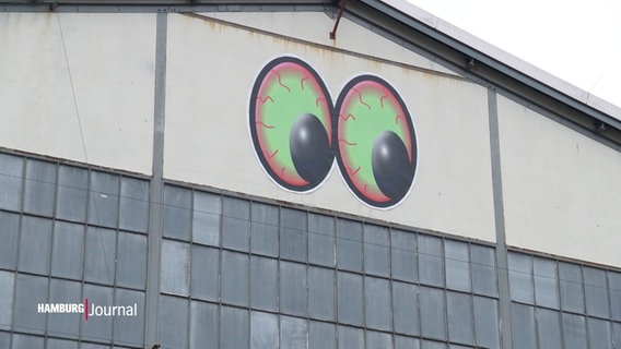 Ein Paar nach unten starrende gemalte Augen auf einer Hausfassade. © Screenshot 