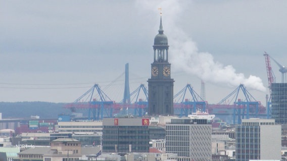 Der Turm des Hamburger Michel, höhere Gebäude in der Umgebung im Vordergrund, im Hintergrund die Kräne des Hafens und eine Rauchsäule eines Schlotes. © Screenshot 